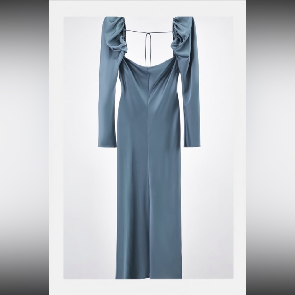 Blue Satin Long Sleeve Maxi Dress